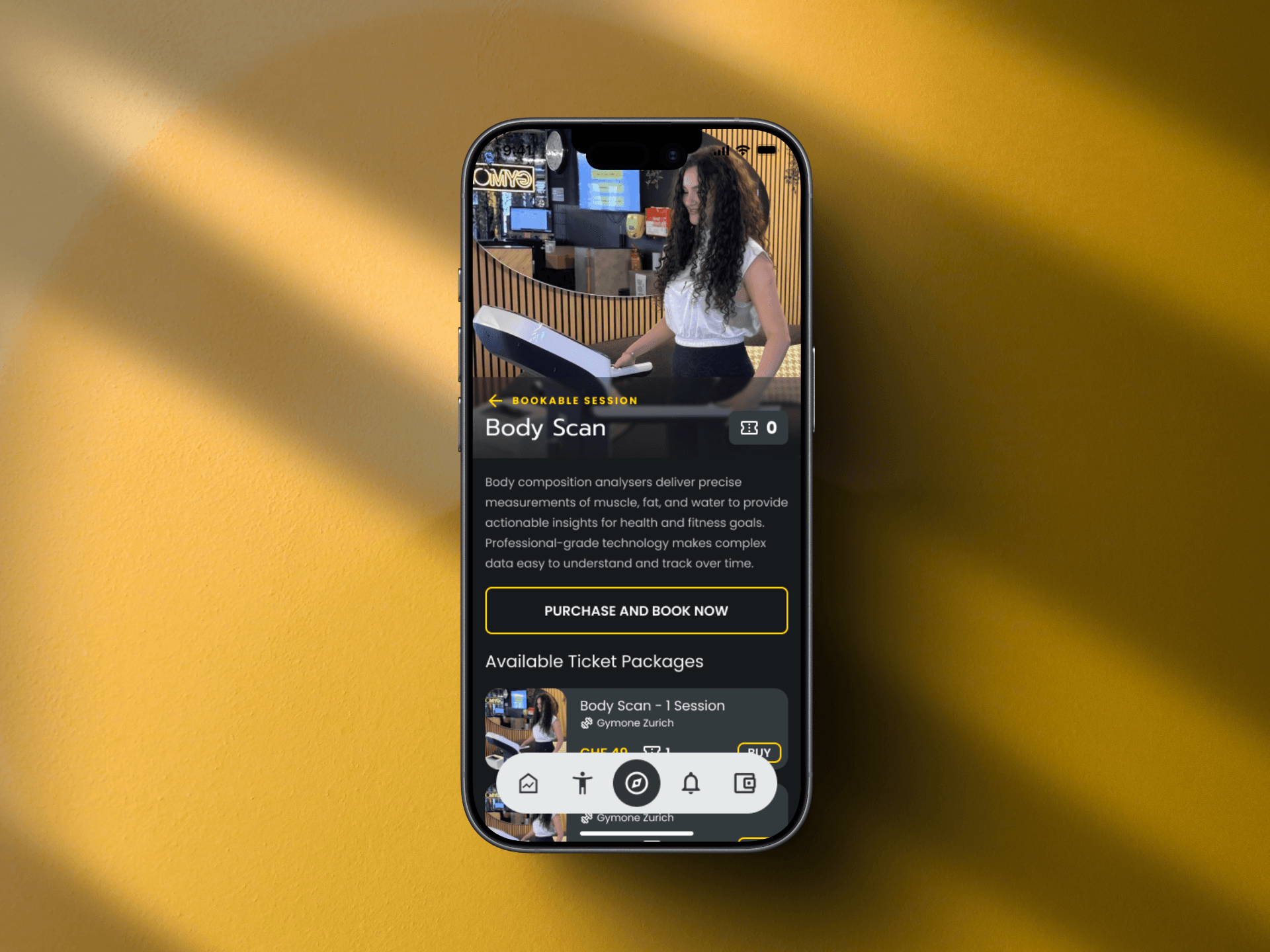 GYMONE App mit einer buchbaren Body-Scan-Session