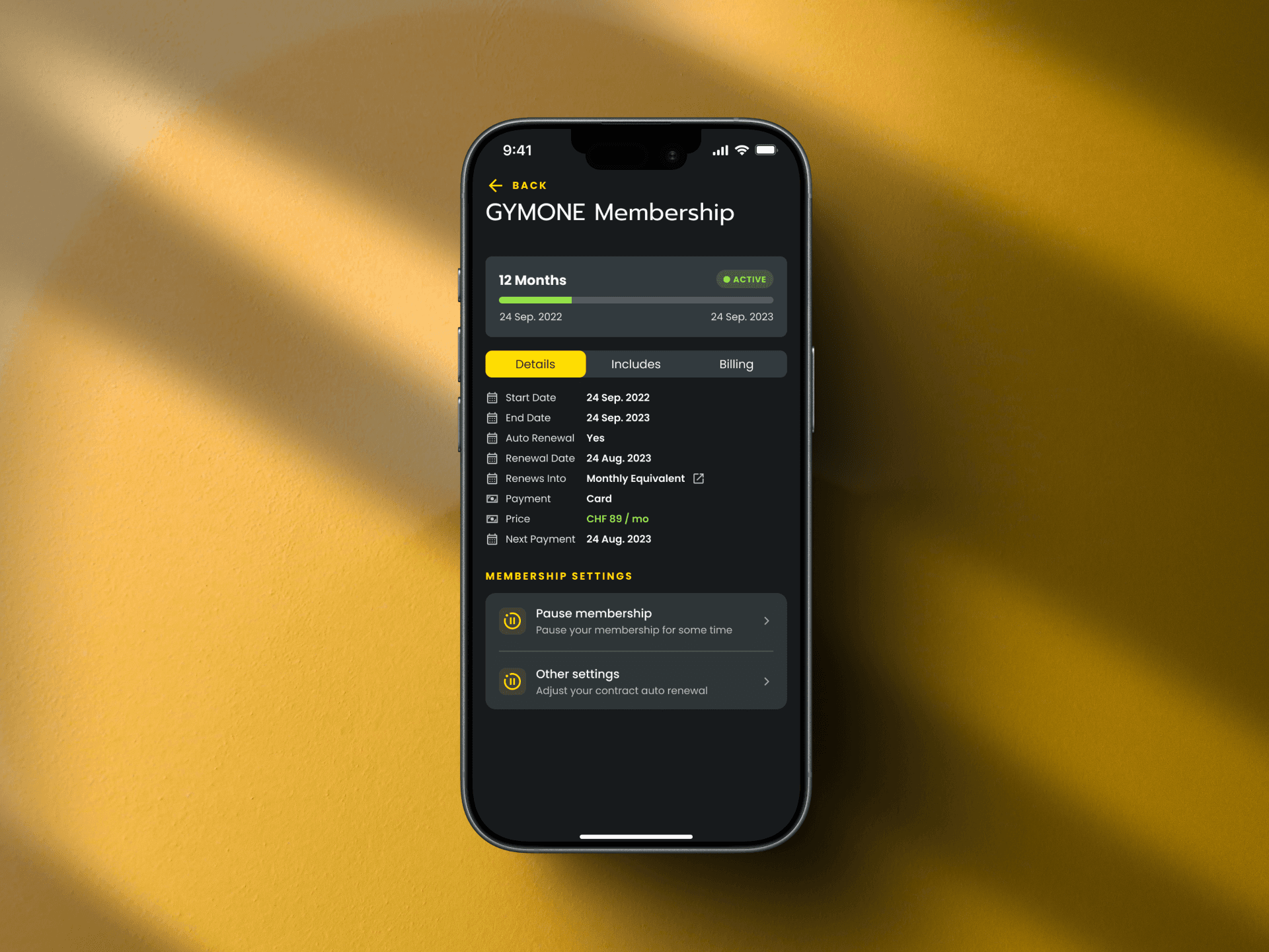 GYMONE App mit Mitgliedschaftsdetails